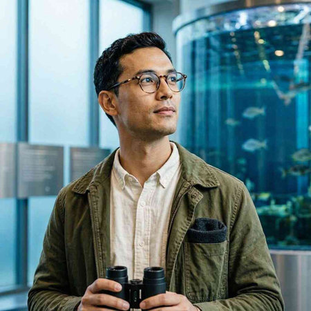 Businessman looking through binoculars in a modern office building.