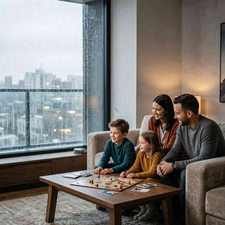 Happy family playing board game in living room at home. Mother, father and children spending time together.