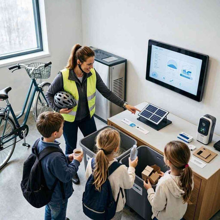 High angle view of schoolgirl in safety vest standing in front of computer monitor and holding stationery.
