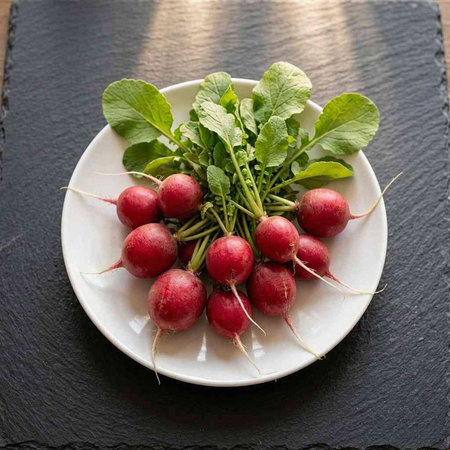Bunch of radishes on a white plate on a black background