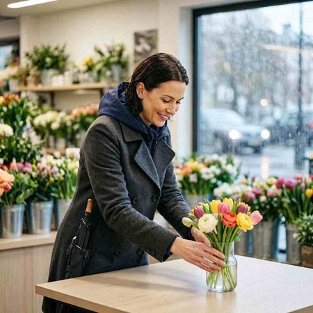 happy young woman florist with bouquet of tulips at flower shop