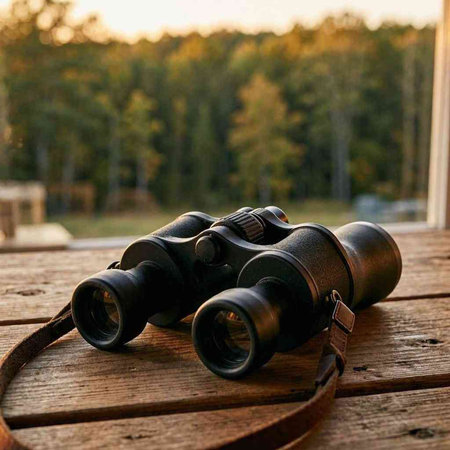 Binoculars on a wooden table in front of the forest