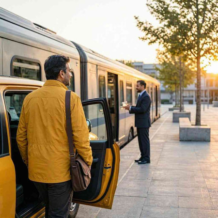 Businessman and businesswoman standing in front of the train at sunset