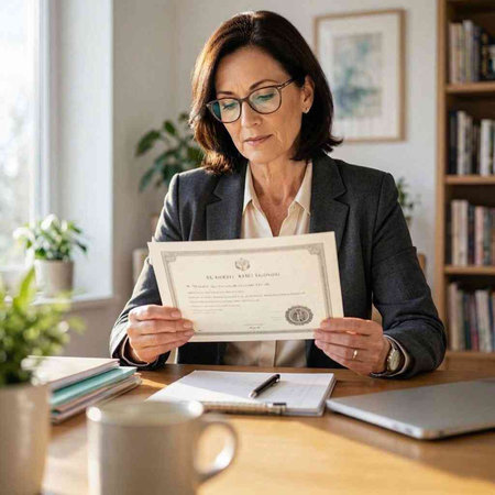 Senior businesswoman holding a certificate of achievement in a home office.