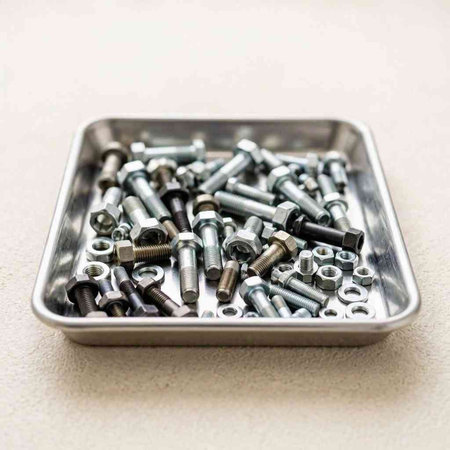 metal bolts and nuts in a stainless steel tray on a white background