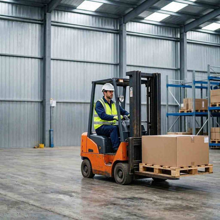Worker driving forklift in warehouse. Logistics, supply chain and warehouse business concept.