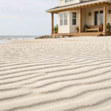 Sand dunes on the beach with a house in the background.