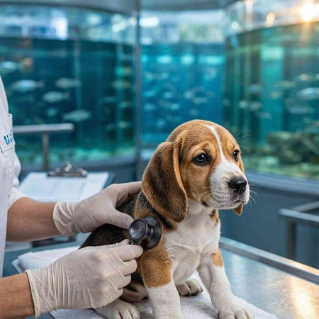 Veterinarian examining a beagle dog in a veterinary clinic.
