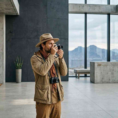 Handsome bearded man in hat and khaki jacket holding camera and looking away while standing in hotel lobby