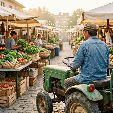 Man with a tractor at a farmers market in Prague, Czech Republic