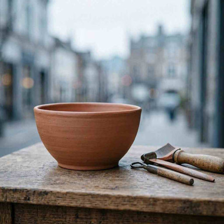Ceramic bowl and garden tools on a wooden table in the city