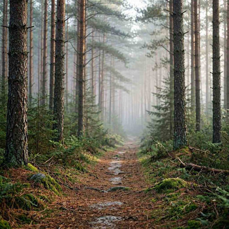 Pathway through the majestic evergreen forest in a morning fog. Mighty pine and spruce trees close-up. Atmospheric landscape. Nature, ecology, environmental conservation, ecotourism