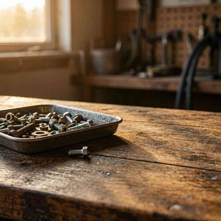 Rusty nuts and bolts on a wooden table in an old kitchen