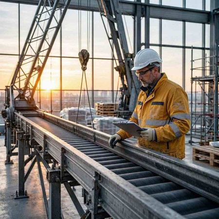 Worker on the construction site at sunset. Industrial background. Copy space.