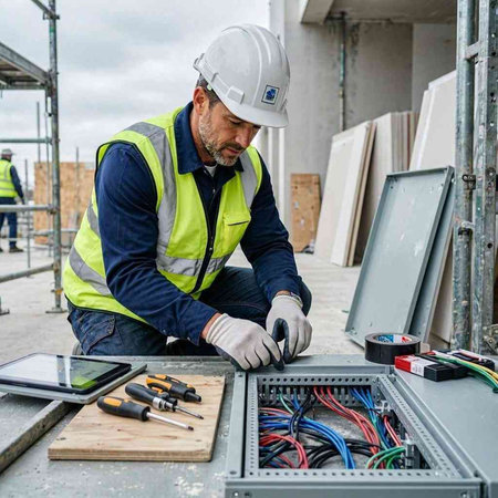 electrician at work in a building site with a tablet and tools