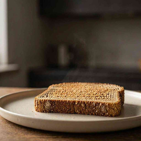 Sliced bread with sesame seeds on a plate in the kitchen