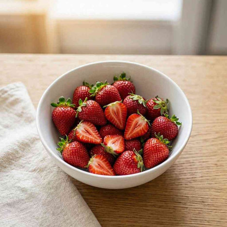 Strawberries in a white bowl on a wooden table, selective focus.