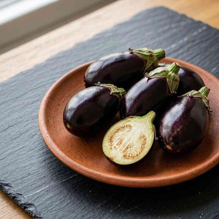 Eggplants in a clay bowl on a wooden table.