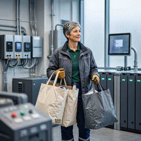 Mature woman carrying shopping bags while standing in factory, copy space