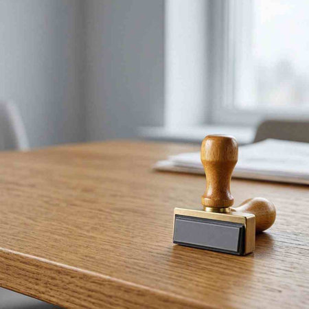 Wooden stamp on a wooden table in a courtroom or law enforcement office.