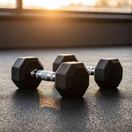 Fitness dumbbells on the floor in the gym. Sport concept.