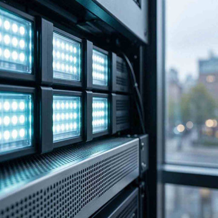 Close-up of a server rack with LED lights on it.