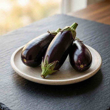 Eggplant on a plate on a background of a window.