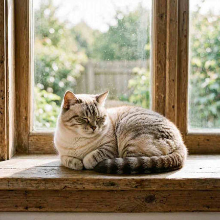 Beautiful cat lying on the windowsill and looking out the window