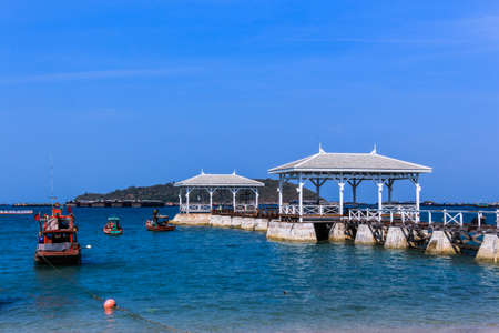 Seascape at sichang island with a long bridge の写真素材