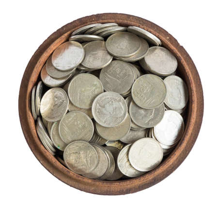 Isolation money and coins in container wood art in thailandの写真素材