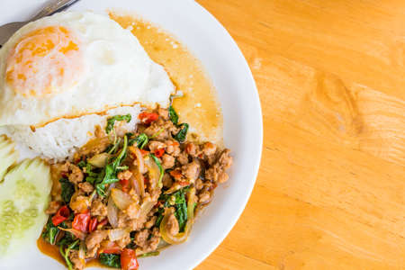 Thai food Stir fried pork with basil and egg の写真素材