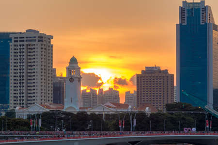 View of Singapore city skyline at sunset.のeditorial素材