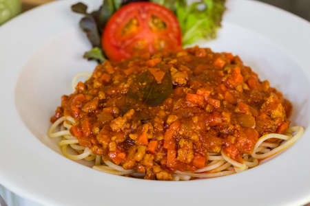 Spaghetti serve on plate with meats.の写真素材