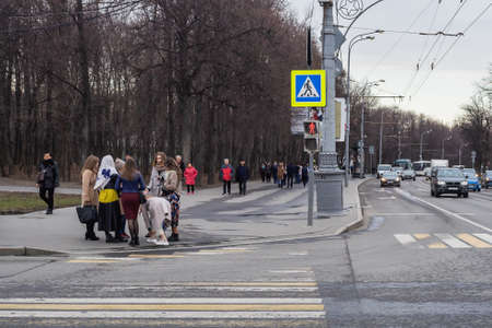 Moscow, Russia - April 13 2019 : Crosswalk with Zebra and traffic lights. Russia, Moscowのeditorial素材