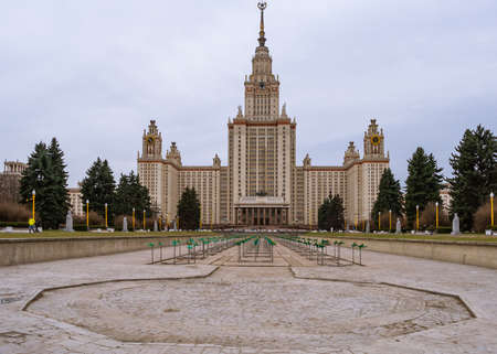 Moscow, Russia - April 13 2019:Main building of Lomonosov Moscow State University. Central tower is 240 m tall, 36 stories high. It was built in 1953のeditorial素材
