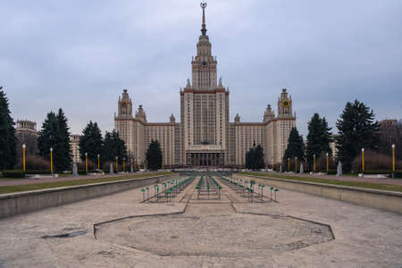 Moscow, Russia - April 13 2019:Main building of Lomonosov Moscow State University. Central tower is 240 m tall, 36 stories high. It was built in 1953のeditorial素材
