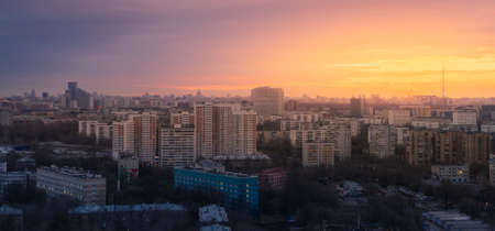 Above view of Moscow cityscape at sunsetの写真素材