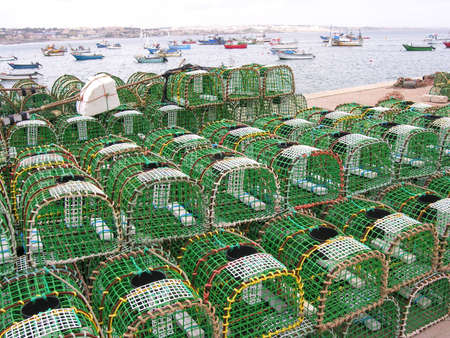 fishing traps and nets ashoreの写真素材