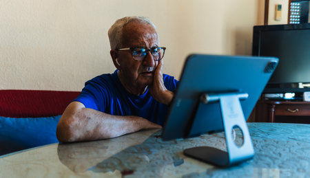 Caucasian man with glasses talking on video call on tabletの写真素材
