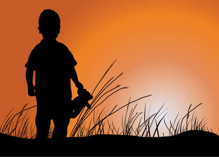 silhouette of a boy on a sunset background のイラスト素材