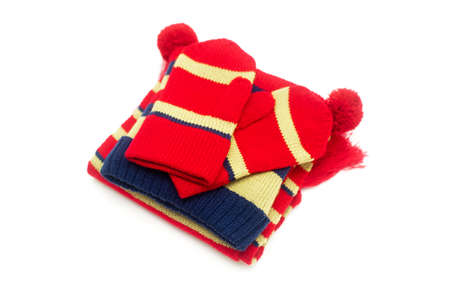 scarf, hat and gloves on a white background isolatedの写真素材