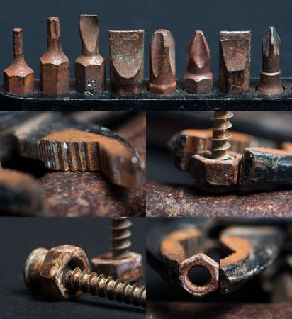 Collage with photos of rusty toolsの写真素材