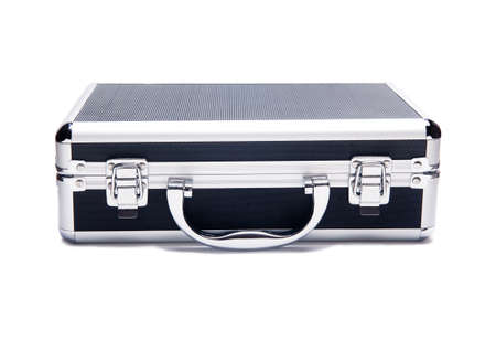 Silver metallic suitcase isolated on white backgroundの写真素材
