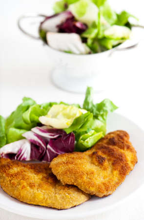 Two pork chops with salad leaves on a plateの写真素材