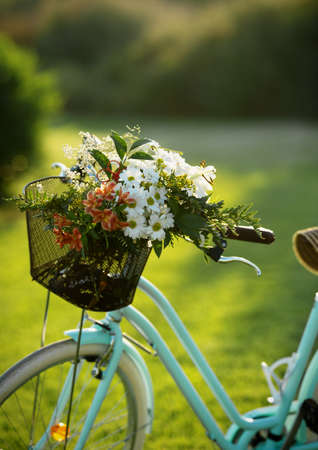 Beautiful blue bike with a basket of flowersの写真素材