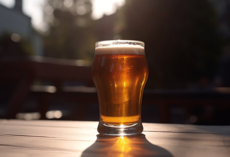 Beer in a glass on a wooden table with a blurred background, natural background with a bokeh effectの写真素材
