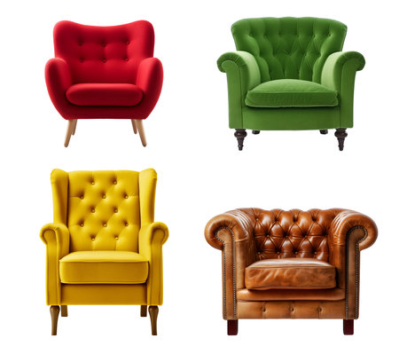 Four different style and color armchairs isolated on white background. Series of furniture-の写真素材