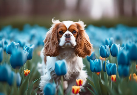 American Cocker Spaniel is in the park next to the blue tulips.の写真素材