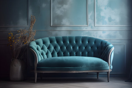 Elegant living room in blue tones. Bluewalls. Luxury blue velor sofaの写真素材