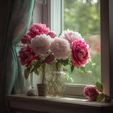 Vertical portrait of pink peonies in glass vase by windowの写真素材